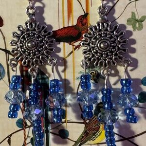Boho Silver Sunburst Blue Beaded Dangle Earrings!